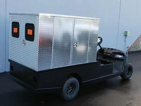 FMB-44X72X48-D-D3W3 FLATBED ALUMINUM DIAMOND PLATE MULTI-PURPOSE BOX 44″ WIDE X 72″ LONG X 48″ TALL WITH LOCKING DOORS ON REAR, LEFT AND RIGHT SIDE mounted on a golf cart, custom fabrication for golf carts.