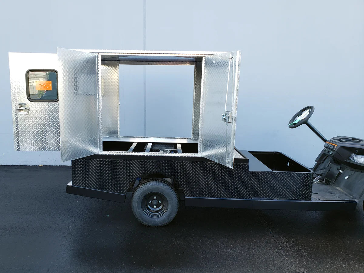 FMB-44X72X48-D-D3W3 FLATBED ALUMINUM DIAMOND PLATE MULTI-PURPOSE BOX 44″ WIDE X 72″ LONG X 48″ TALL WITH LOCKING DOORS ON REAR, LEFT AND RIGHT SIDE mounted on a golf cart flatbed, featuring custom fabrication for golf carts.