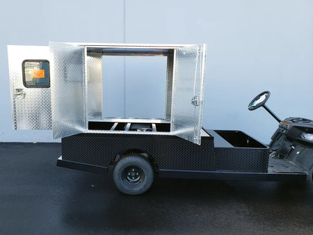 FMB-44X72X48-D-D3W3 FLATBED ALUMINUM DIAMOND PLATE MULTI-PURPOSE BOX 44″ WIDE X 72″ LONG X 48″ TALL WITH LOCKING DOORS ON REAR, LEFT AND RIGHT SIDE mounted on a golf cart flatbed, featuring custom fabrication for golf carts.